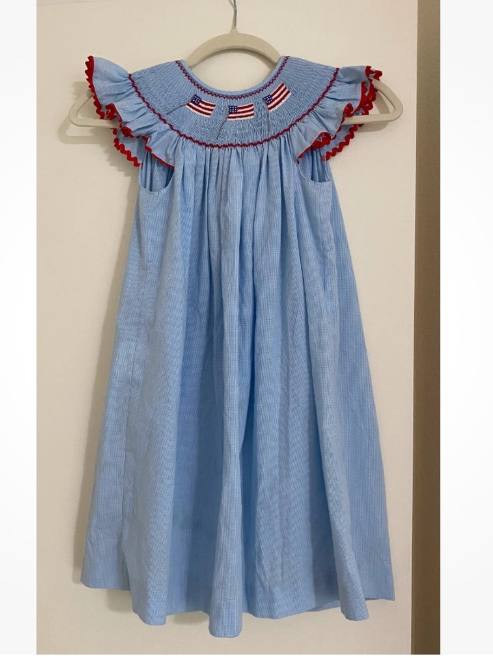 Mom & Me Girls Blue Checkered Embroidered American Flags Smocked Dress size 7